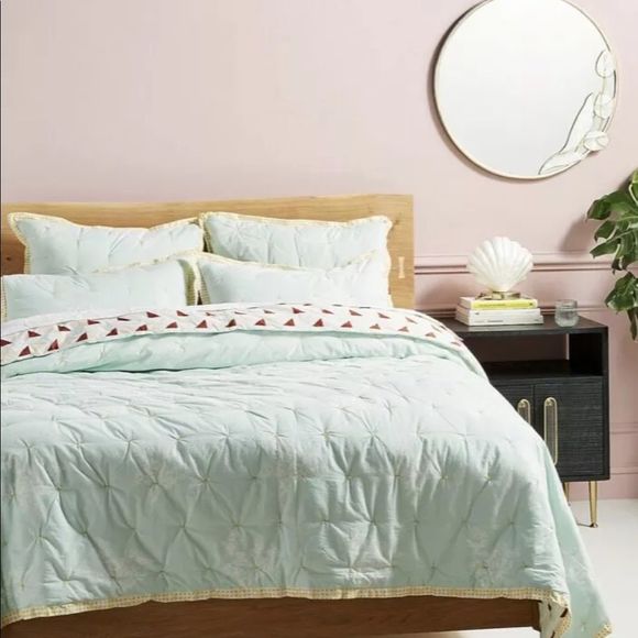 Anthropologie EuroSham Mint Quilted Polka Dot Trim - Picture 2 of 2